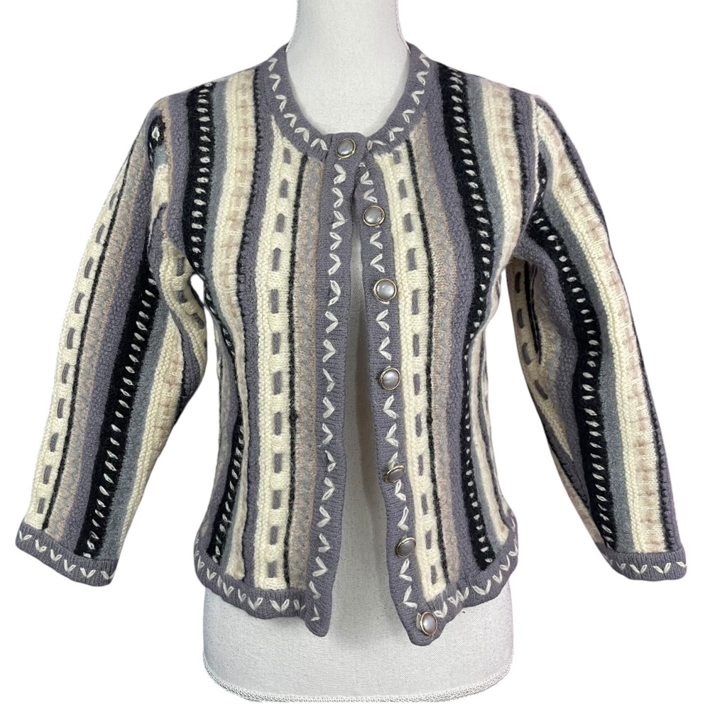 Wool Striped Textured Cardigan S Sweater Heavyweight Textured Buttoned Purple